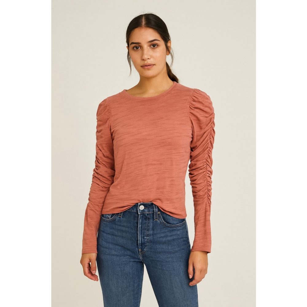 Free People Women's XS Pink Ruched Ruffle Long Sleeve Shirt Crew Neck Natasha